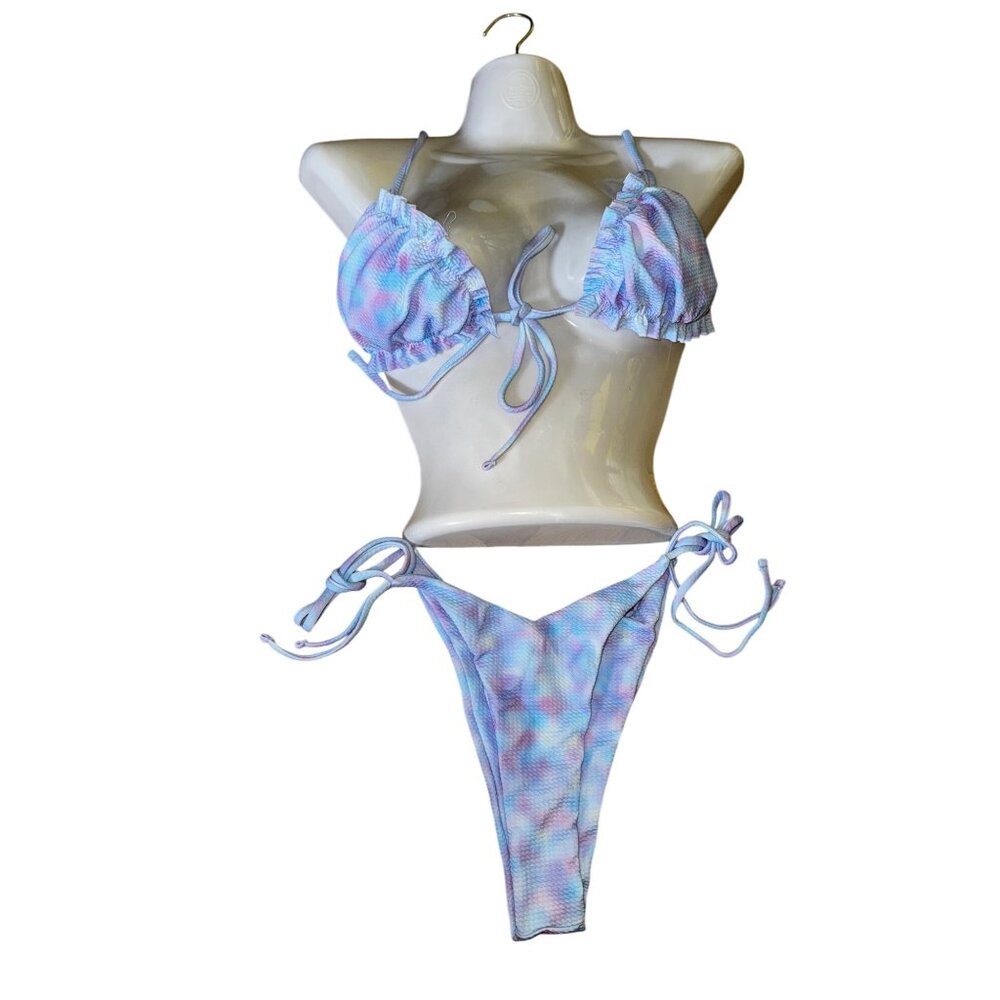 Tie-Dye Bikini Set Size Large Tie-Side Bottom Pastel Blue‎ Sexy Beach Swimsuit